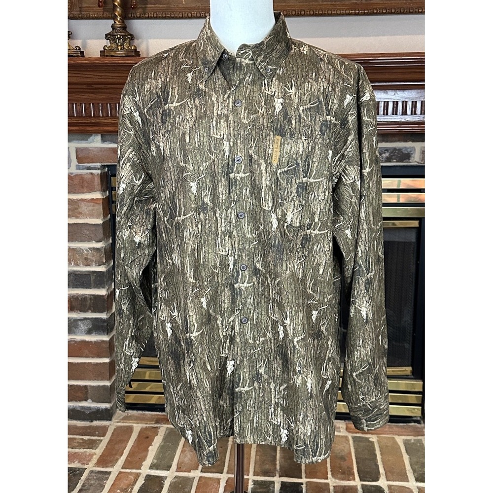North River Outfitters Green Brown Camo Shirt Button Up Hunting Fishing‎ Men XL